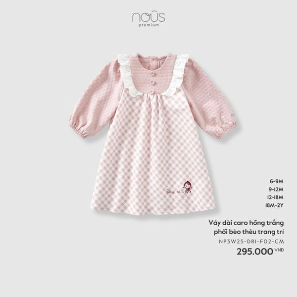  Váy dài caro hồng trắng phối bèo thêu trang 