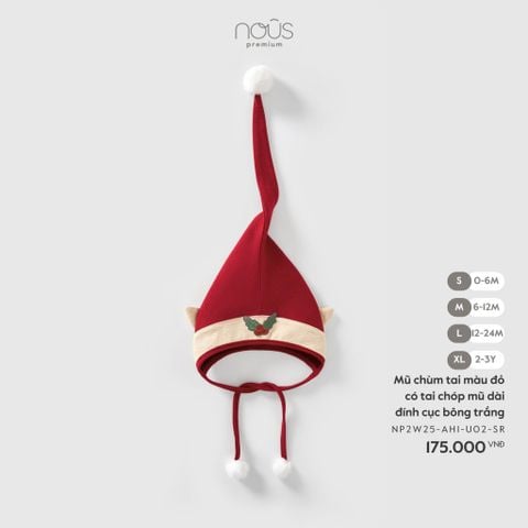  Mũ chùm tai màu đỏ có tai chóp mũ dài đính cục bông trắng 