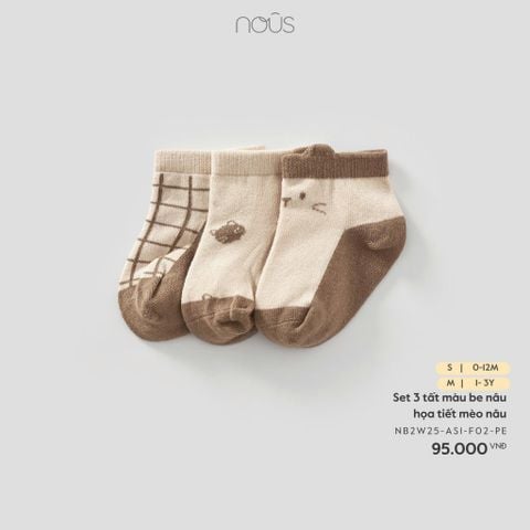  Set 3 tất màu be nâu họa tiết mèo 