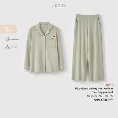 Bộ pyjama dài tay màu xanh lá thêu ông già noel 