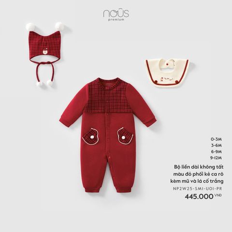  Bộ liền dài không tất màu đỏ phối kẻ ca rô kèm mũ và lá cổ trắng 