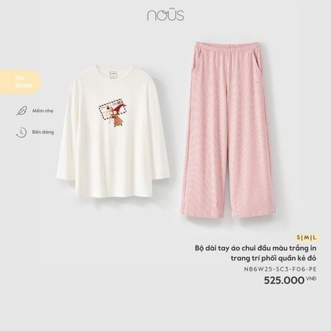  Bộ dài tay áo chui đầu màu trắng in trang trí phối quần kẻ đỏ 