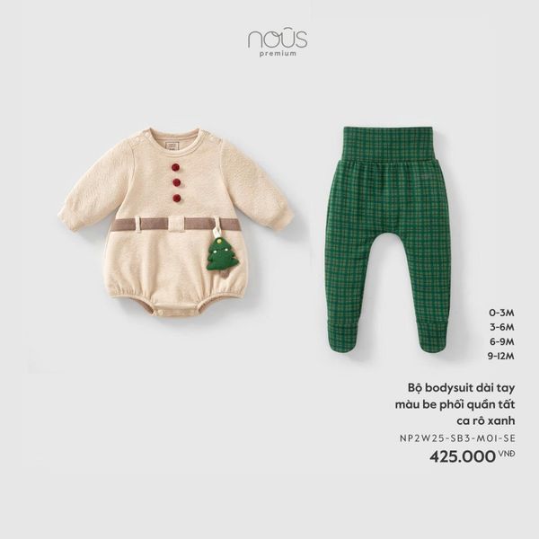  Bộ bodysuit dài tay màu be phối quần tất ca rô xanh 