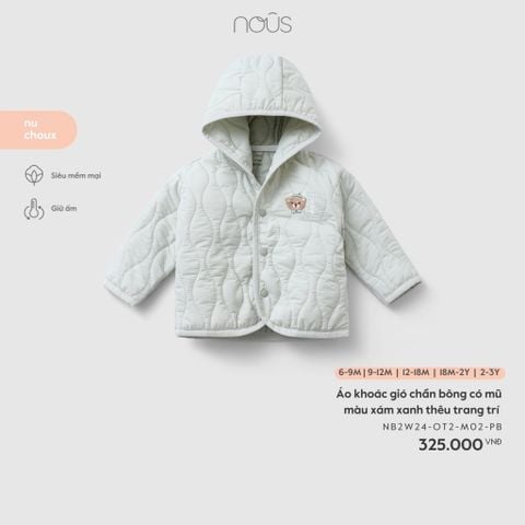  Áo khoác gió chần bông có mũ màu xám xanh thêu trang trí 