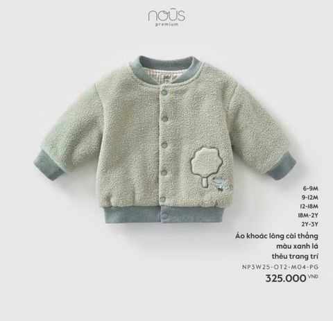  Áo khoác lông cài thẳng màu xanh lá thêu trang trí 