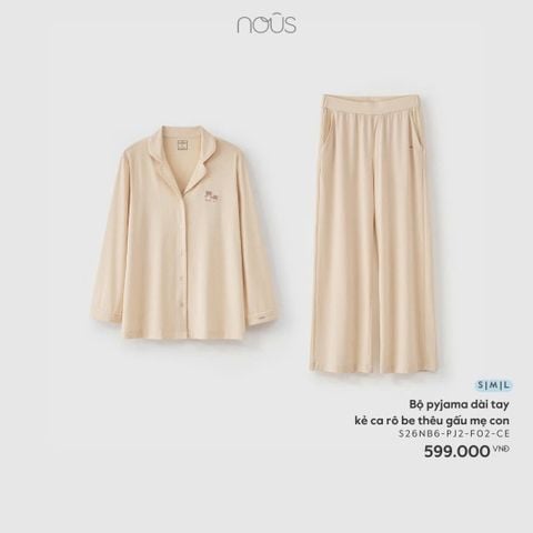  Bộ pyjama dài tay kẻ ca rô be thêu gấu mẹ con 