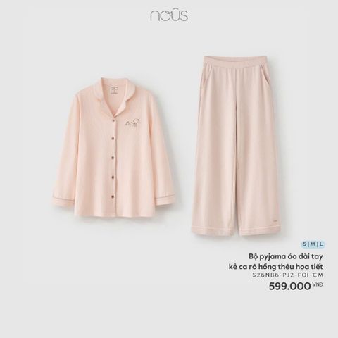  Bộ pyjama áo dài tay kẻ ca rô hồng thêu họa tiết 