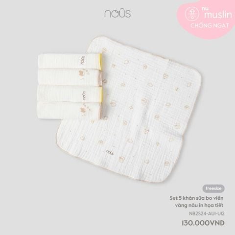  Set 5 khăn sữa bo viền vàng nâu in họa tiết 