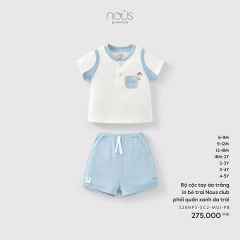  Bộ cộc tay áo trắng in bé trai Nous club phối quần xanh da trời M01 