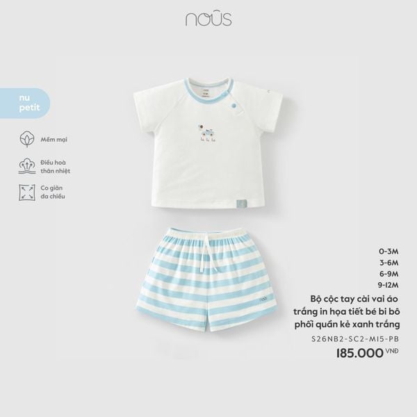  Bộ cộc tay cài vai áo trắng in họa tiết bé bi bô phối quần kẻ xanh trắng 