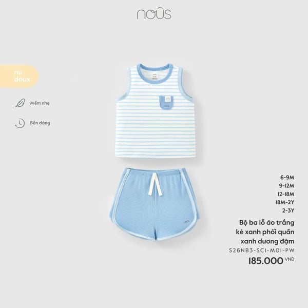  Bộ ba lỗ áo trắng kẻ xanh phối quần xanh dương đậm 