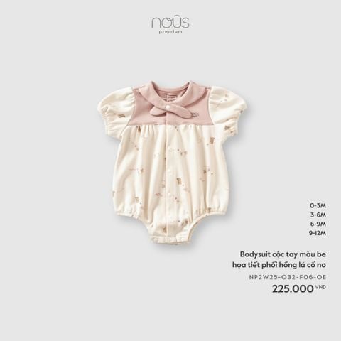  Bodysuit cộc tay màu be họa tiết phối hồng lá cổ nơ 