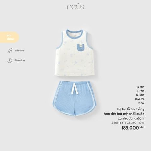  Bộ BA LỖ áo trắng họa tiết bát mỳ phối quần xanh dương đậm 