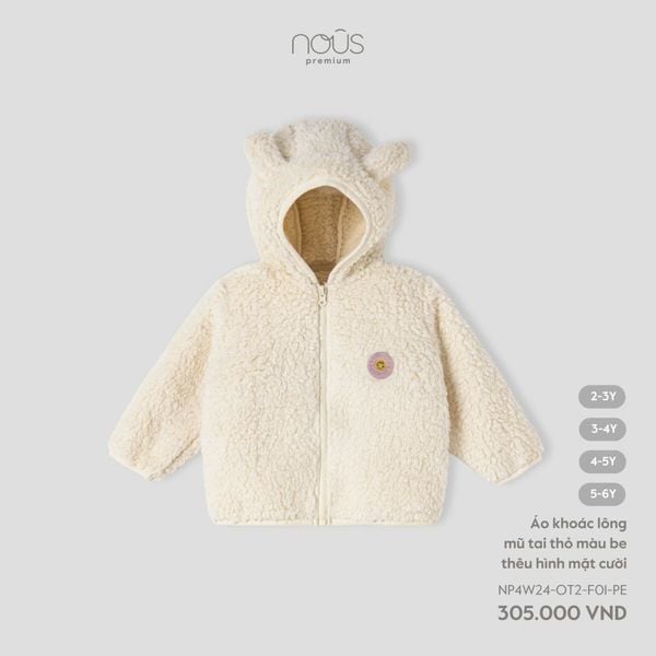  Áo khoác lông mũ tai thỏ màu be thêu hình mặt cười 