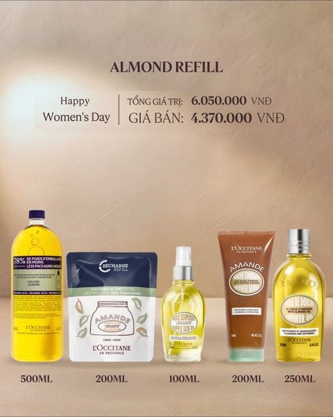 Bộ ba chăm sóc cơ thể hạnh nhân refill Tặng bộ chăm sóc cơ thể và tẩy tế bào chết hạnh nhân trị giá 1,680,000đ