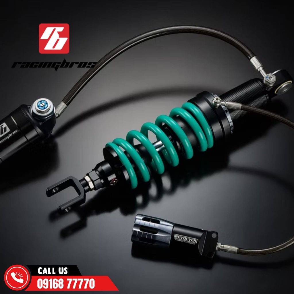 Phuộc Racing Bros SHICANE HLR REMOTE + REVOLVER 2 bình dầu xe Raider 150i chính hãng lò xo xanh có bảo hành