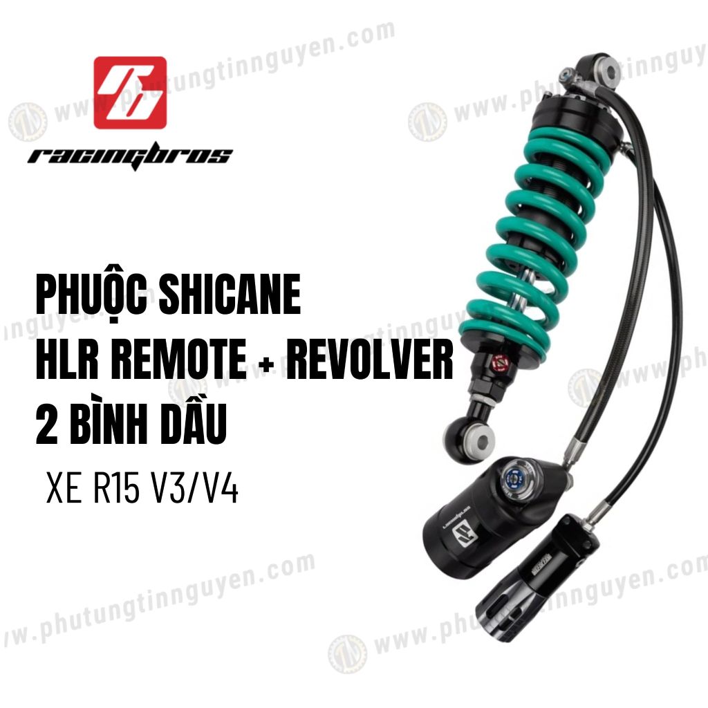 Phuộc Racing Bros SHICANE HLR REMOTE + REVOLVER 2 bình dầu xe R15 V3/V4 chính hãng lò xo đen có bảo hành