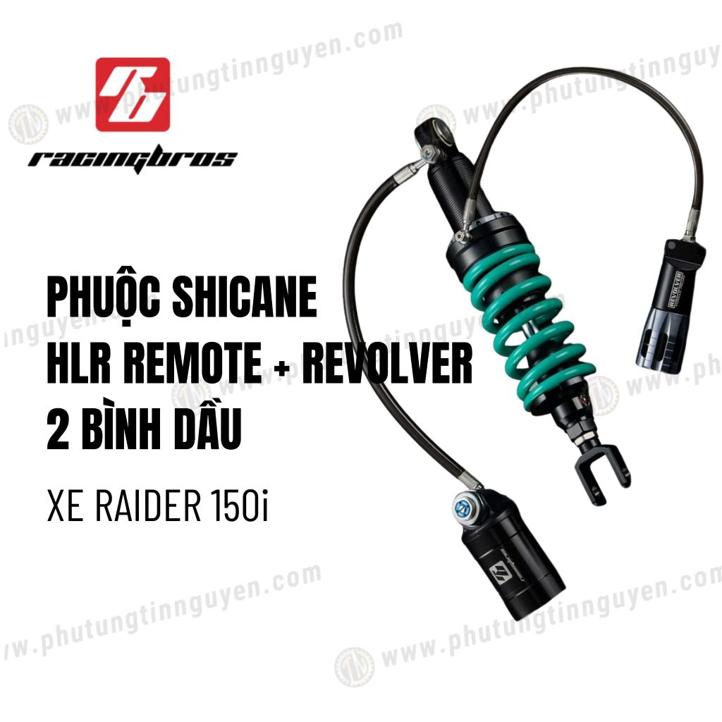Phuộc Racing Bros SHICANE HLR REMOTE + REVOLVER 2 bình dầu xe Raider 150i chính hãng lò xo đen có bảo hành