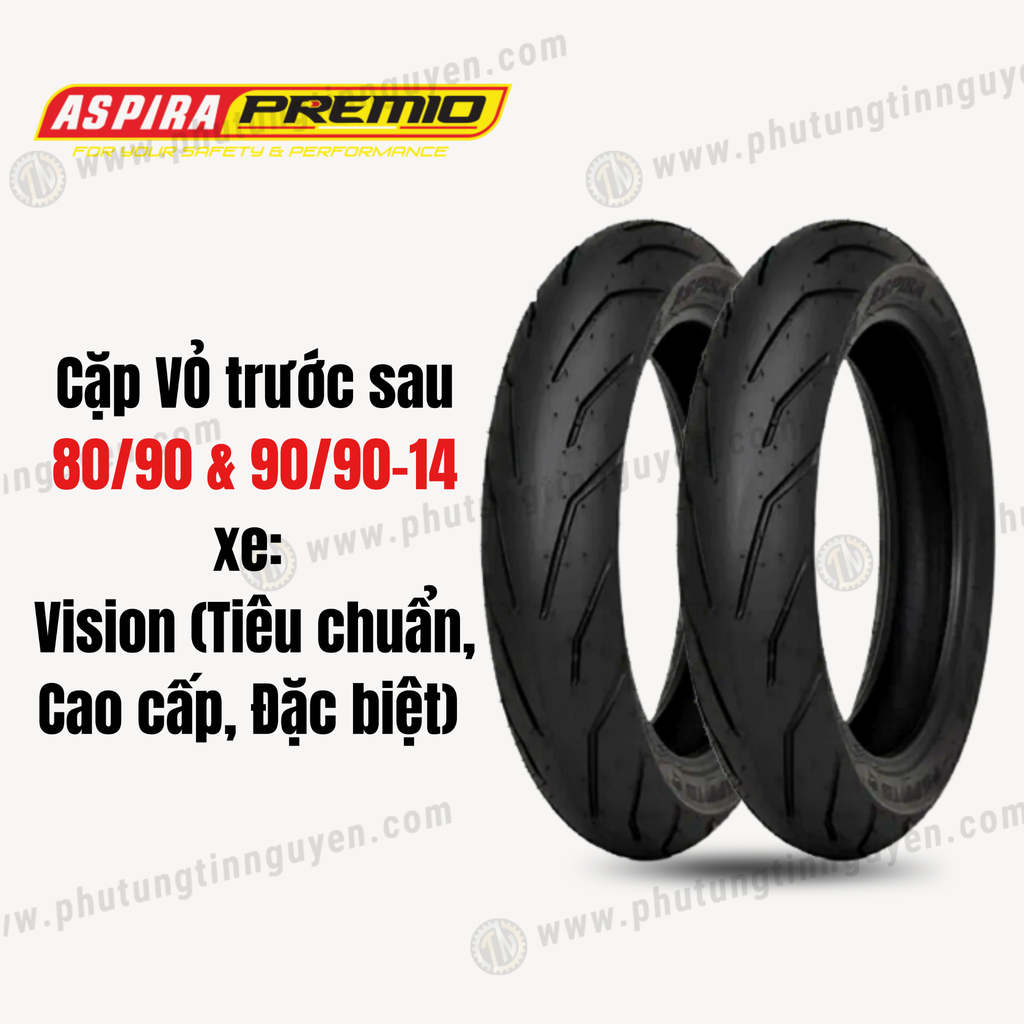 Cặp vỏ Aspira Premio Sportivo 2 trước sau  dành cho Vision (Tiêu chuẩn, Cao cấp, Đặc biệt) 80/90-14 & 90/90-14