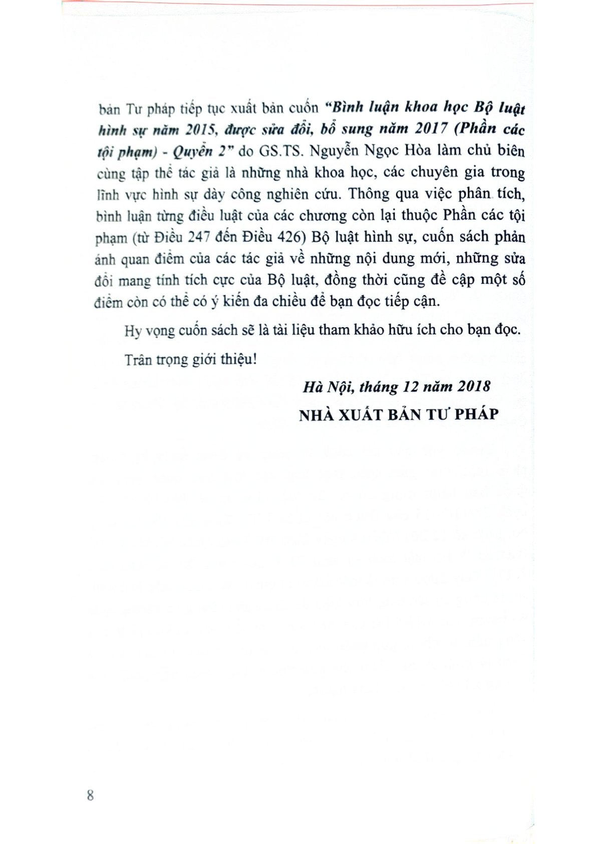 Bình Luận Khoa Học Bộ Luật Hình Sự Năm 2015  Được Sửa Đổi, Bổ Sung Năm 2017 (Phần Các Tội Phạm )- Quyển 2 (NXBTP) - GS.TS Nguyễn Ngọc Hòa