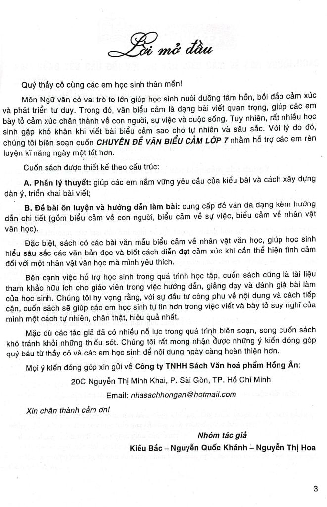 Sách  Chuyên Đề Văn Biểu Cảm Lớp 7 (Dùng Chung Cho Bộ SGK Hiện Hành) - Kiều Bắc, Nguyễn Quốc Khánh, Nguyễn Thị Hoa