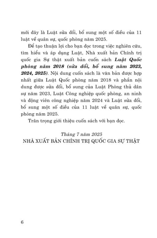 Luật Quốc Phòng Năm 2018 ( Sửa Đổi, Bổ Sung Năm 2023, 2024, 2025 ) - Quốc hội - NXB CTQG