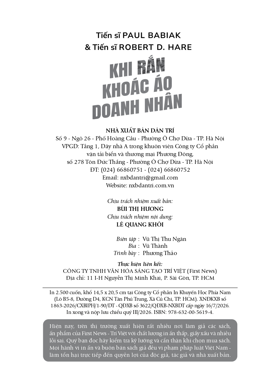Khi Rắn Khoác Áo Doanh Nhân - TS Paul Babiak, TS Robert D. Hare