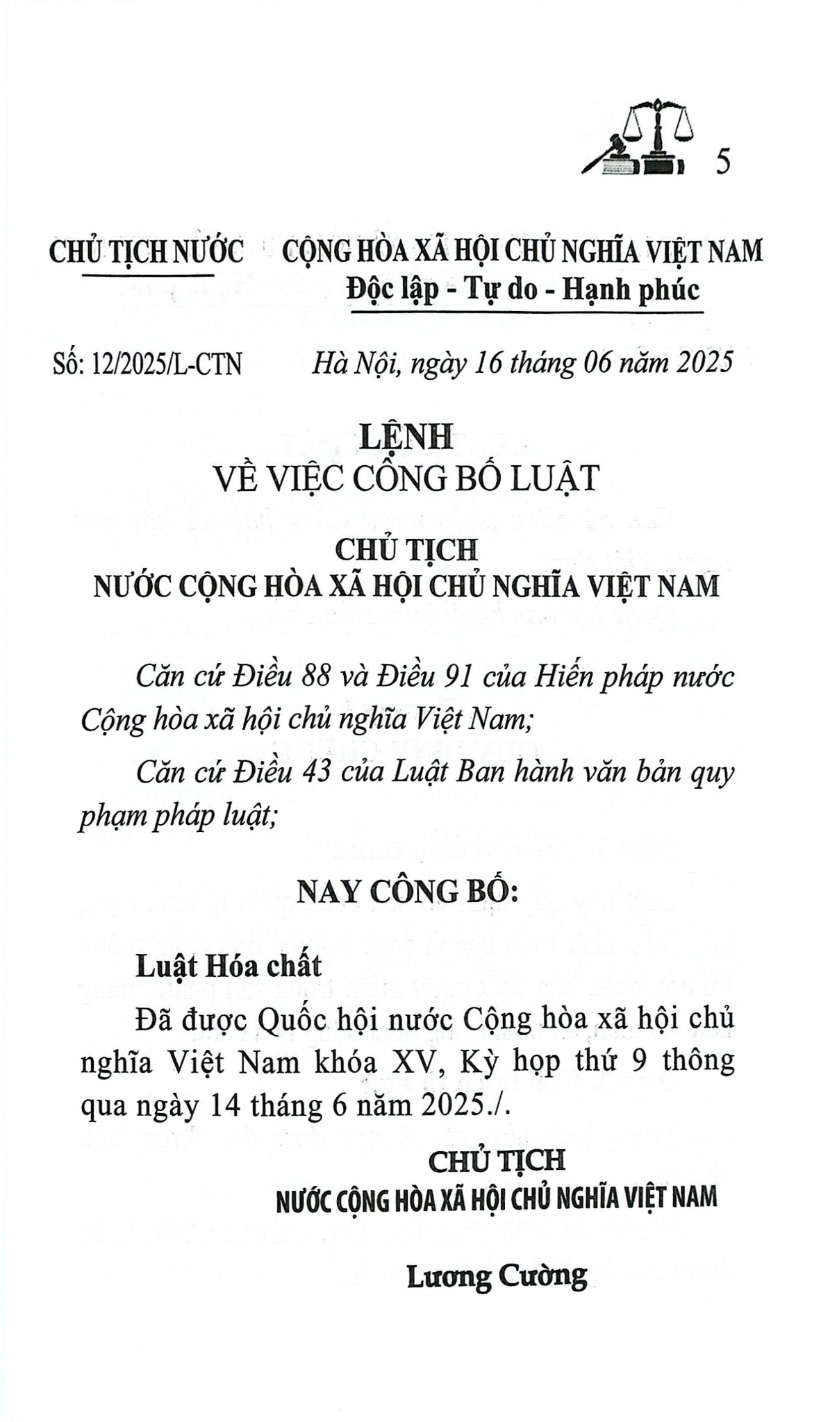 Luật Hóa Chất Năm 2025 (NXBLĐ) - Quốc Hội