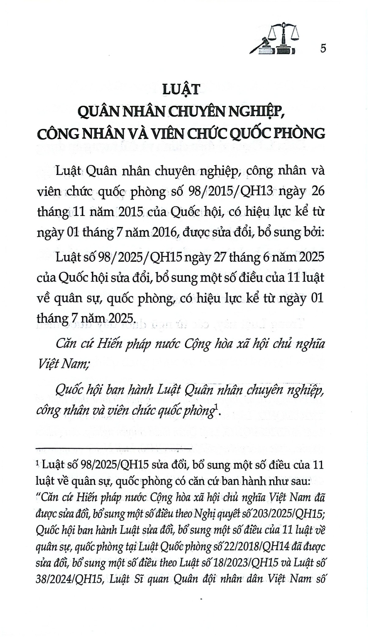 Luật Quân Nhân Chuyên Nghiệp, Công Nhân Và Viên Chức Quốc Phòng Năm 2015 ( Sửa Đổi, Bổ Sung Năm 2025) (NXBLĐ)  - Quốc Hội
