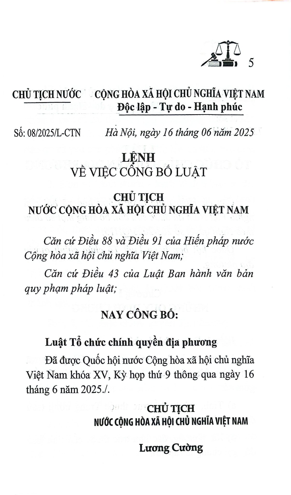 Luật Tổ Chức Chính Quyền Địa Phương Năm 2025 (NXBLĐ) - Quốc Hội