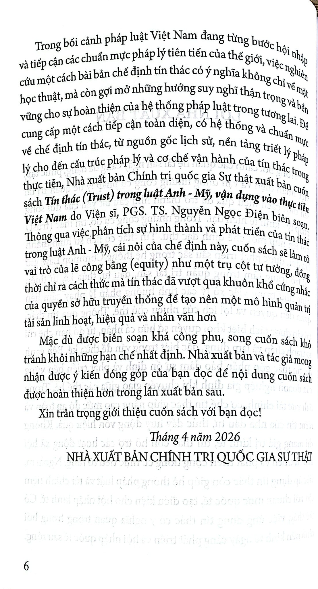 Tín Thác (Trust) Trong Luật Anh - Mỹ Vận Dụng Vào Thực Tiễn Việt Nam - PGS.TS. Viện Sĩ. Nguyễn Ngọc Điện