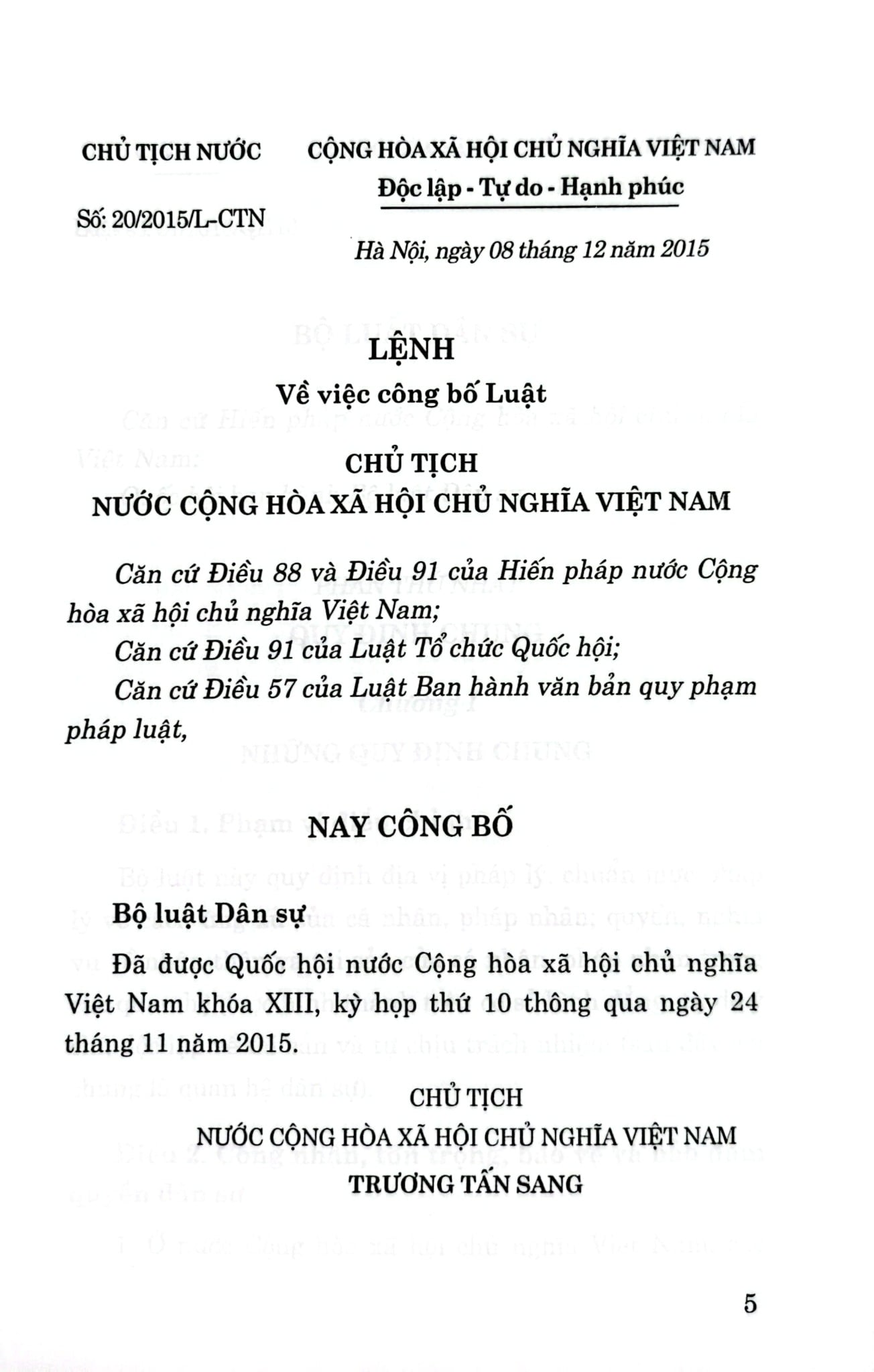 Bộ Luật Dân Sự Năm 2015 - Quốc hội