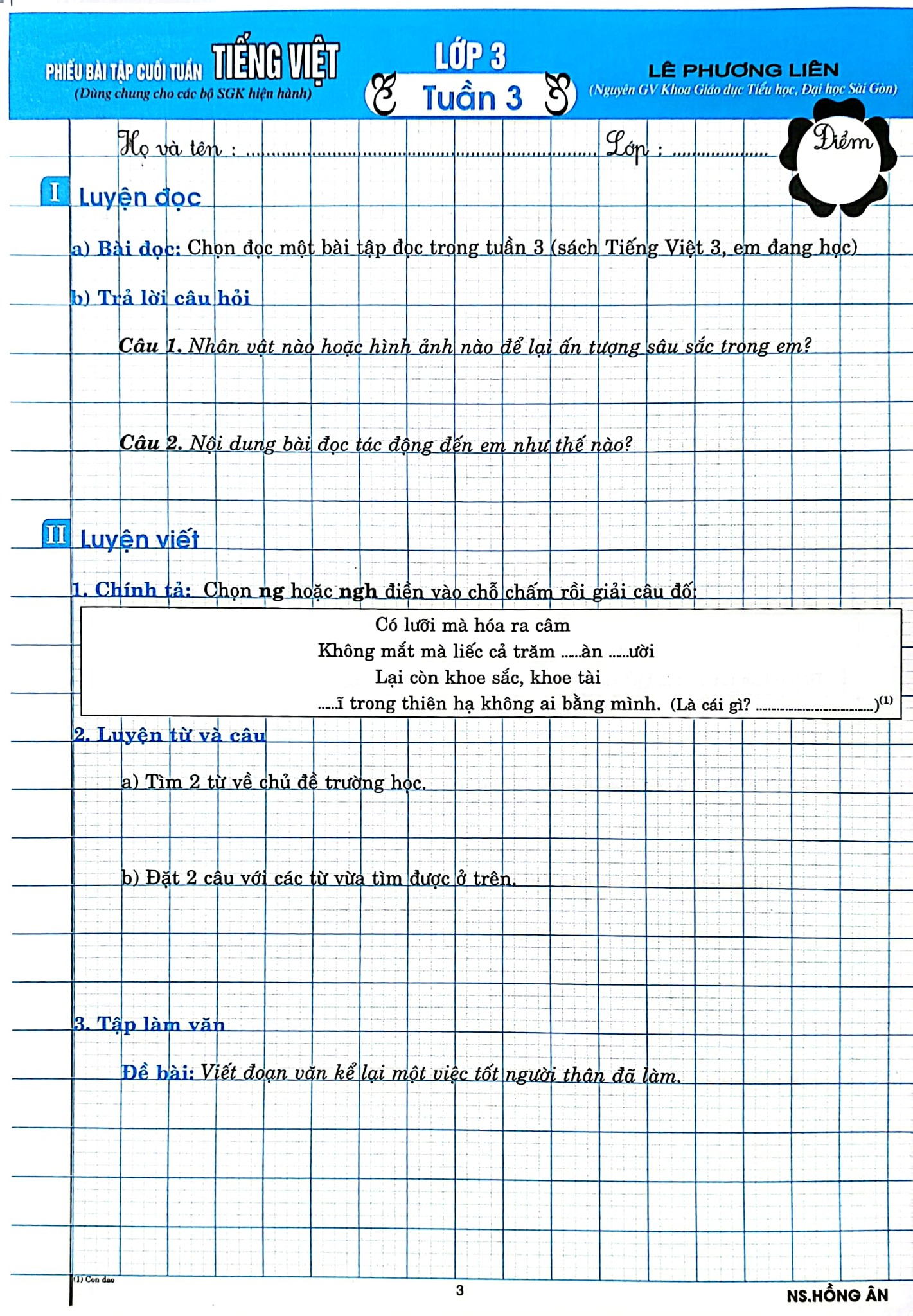 Phiếu Bài Tập Cuối Tuấn Môn Tiếng Việt Lớp 3 (Biên Soạn Theo Chương Trình Gdpt Mới) - Lê Phương Liên