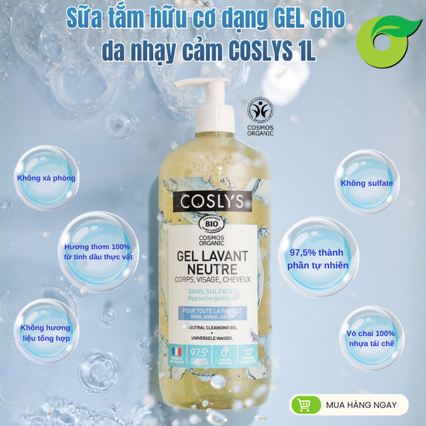  Sữa tắm dạng gel cho da nhạy cảm hữu cơ Coslys (1L) 