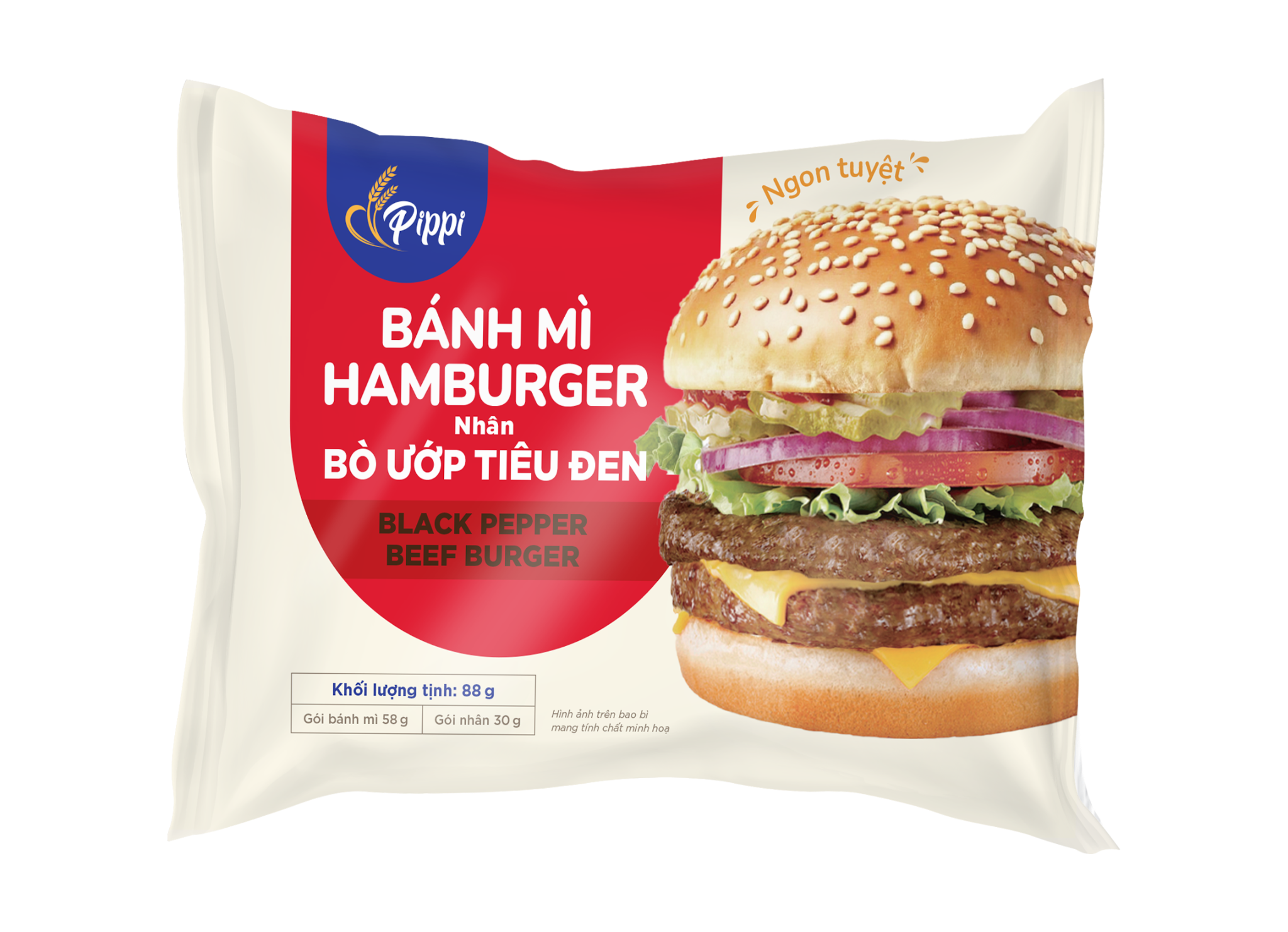  PIPPI - BÁNH MÌ HAMBURGER NHÂN BÒ ƯỚP TIÊU ĐEN 88g 