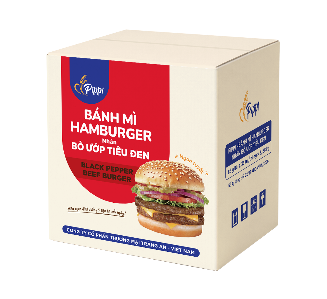  PIPPI - BÁNH MÌ HAMBURGER NHÂN BÒ ƯỚP TIÊU ĐEN 88g 