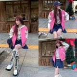  Áo Khoác Bomber MLB Women's Wool Crop Varsity Jacket A5 3FJPV0141-50PKS - Hồng 