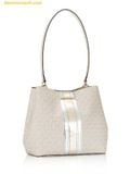  Túi Bucket Michael Kors Signature Pratt Metallic Medium Bucket Bag Pale Gold Trắng Logo 
