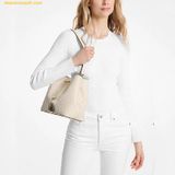  Túi Bucket Michael Kors Signature Pratt Metallic Medium Bucket Bag Pale Gold Trắng Logo 