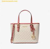  Túi Tote Michael Kors Jet Set Travel Extra-small Tea Rose MLT Logo Top Zip Tote Bag Trắng Logo Viền Hồng 