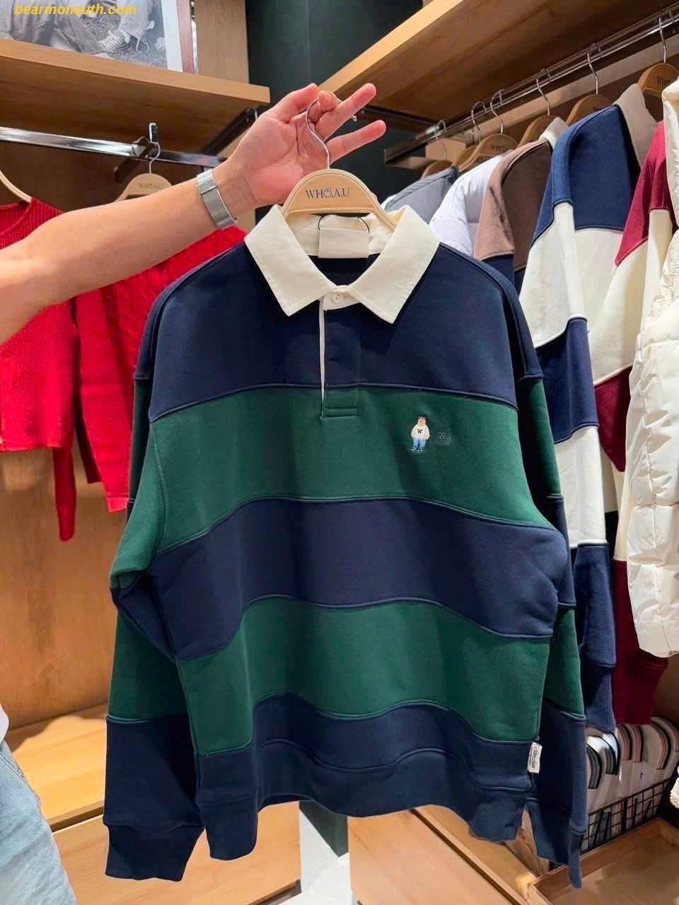  Áo Sweat WHOAU Polo Dài Tay Kẻ New 2025 Sọc Navy Xanh 