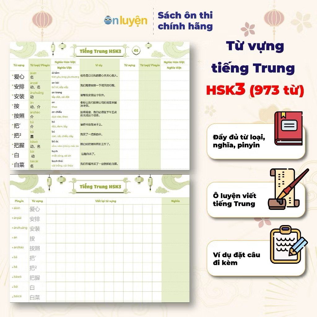 Takenote từ vựng Tiếng Trung HSK1- HSK4 có đủ từ loại, nghĩa, pinyin, ô luyện viết, kèm ví dụ