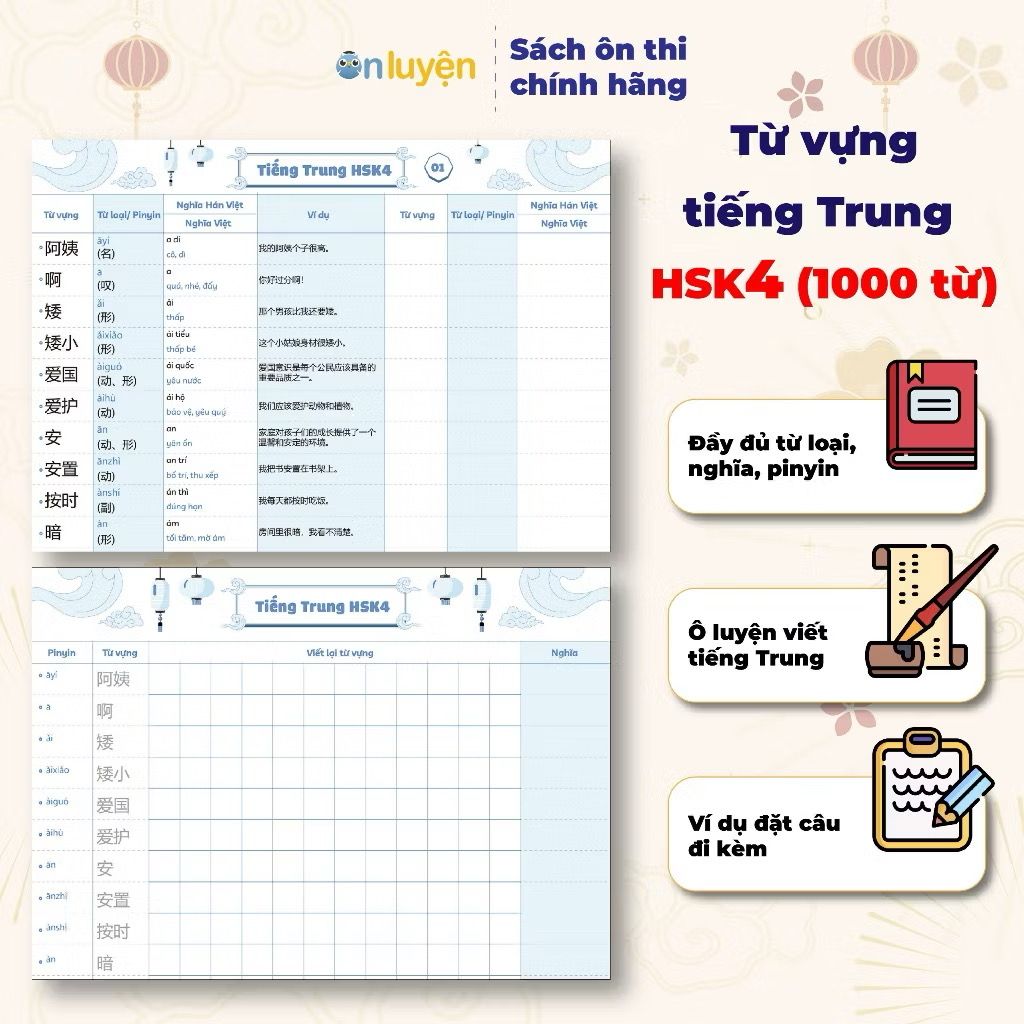 Takenote từ vựng Tiếng Trung HSK1- HSK4 có đủ từ loại, nghĩa, pinyin, ô luyện viết, kèm ví dụ