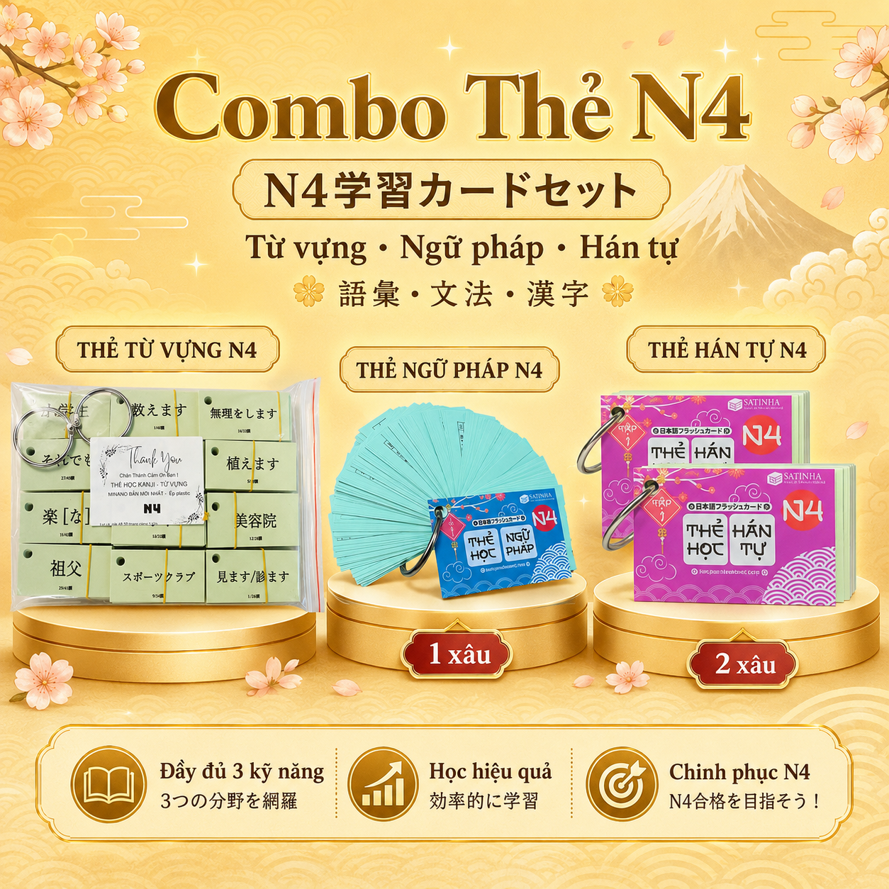 Combo thẻ Flashcard N4 tổng hợp: Từ vựng - Ngữ pháp - Kanji