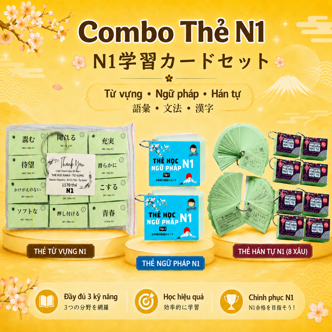 Combo thẻ Flashcard N1: Từ vựng + Ngữ pháp + Kanji