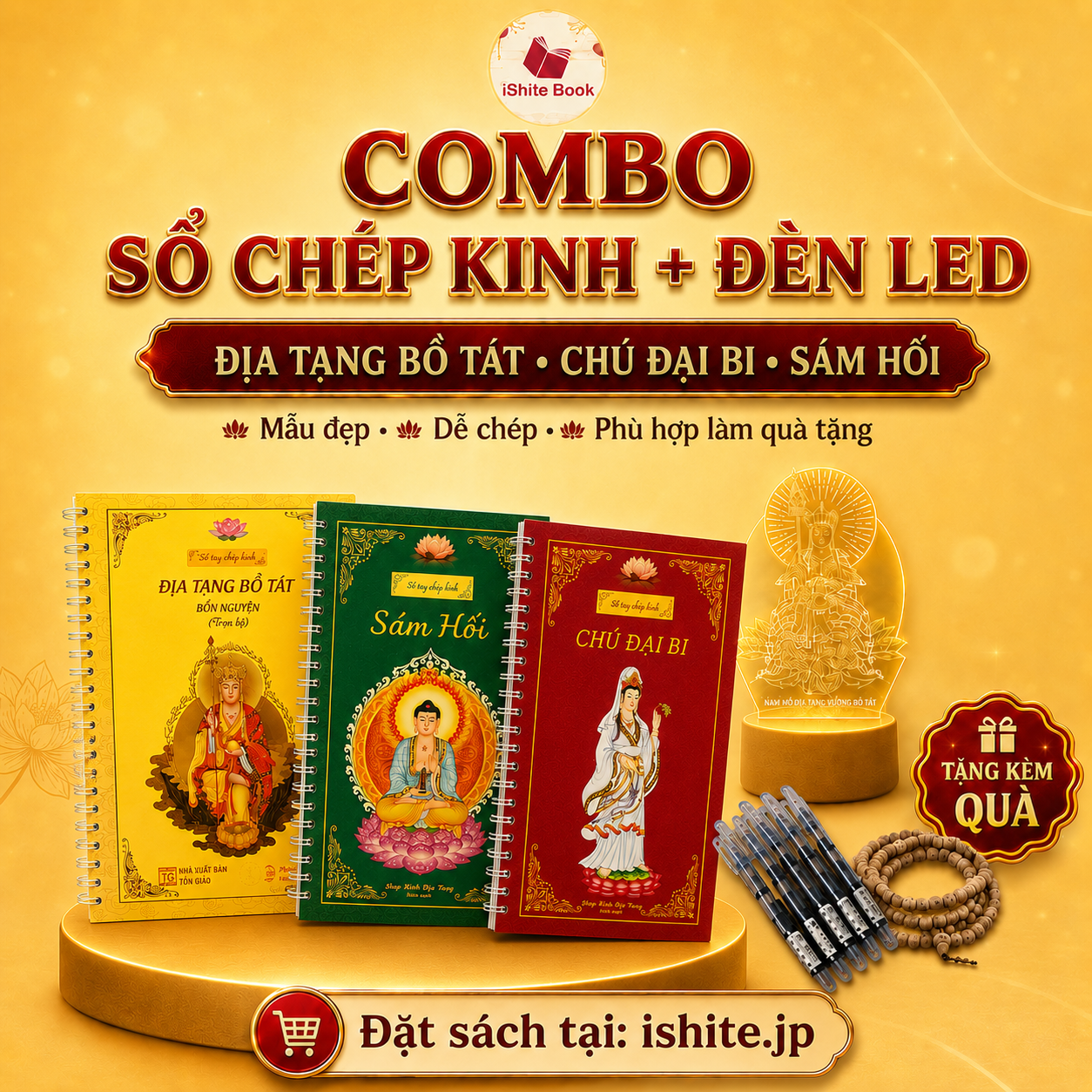 Combo 3 cuốn Sổ chép kinh in mờ cao cấp + Đèn led khắc tượng Địa Tạng Vương Bồ Tát ( Tặng kèm vòng trầm và bút )