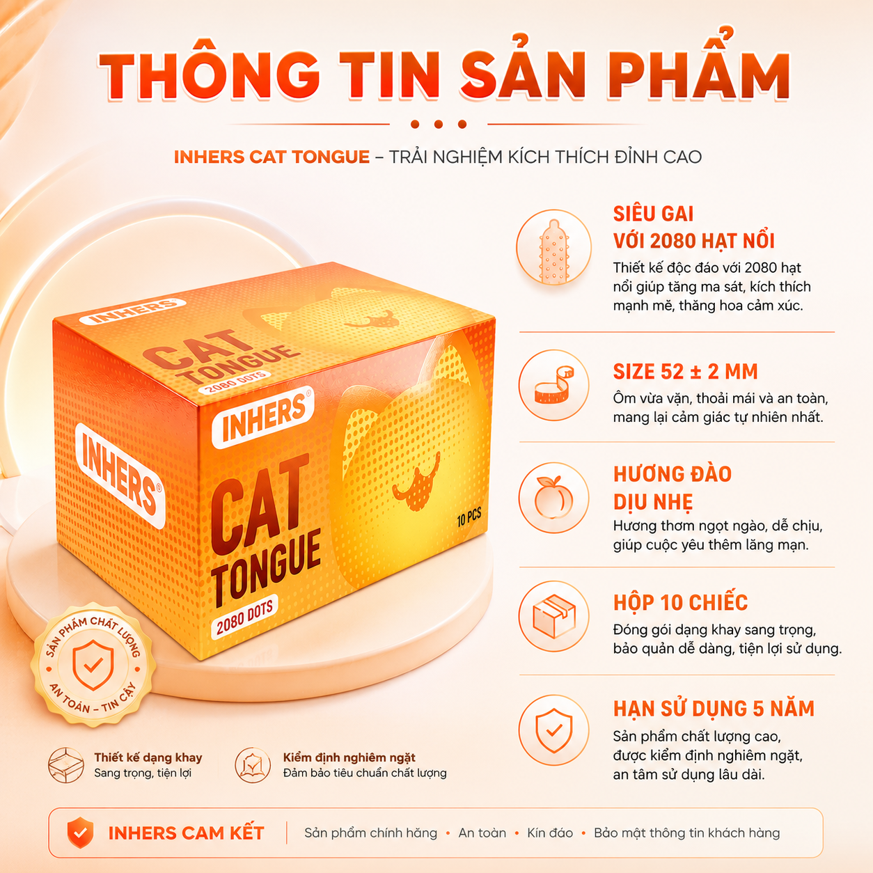  Bao cao su gai đa điểm hương đào Inhers Cat Tongue Hộp 10 Cái 