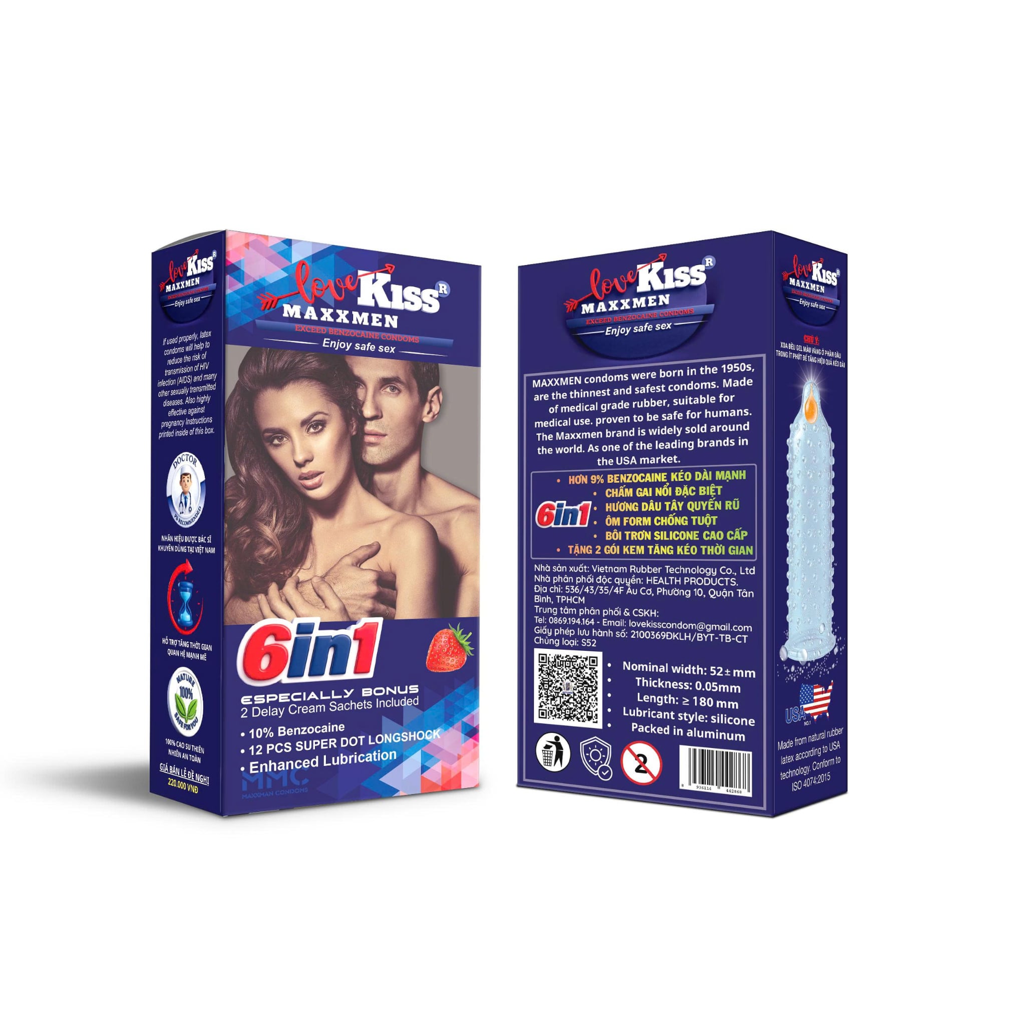 Bao cao su gai gân kéo dài thời gian kèm gói kem bôi kéo dài Maxxmen 6in1 Hộp 12 Cái