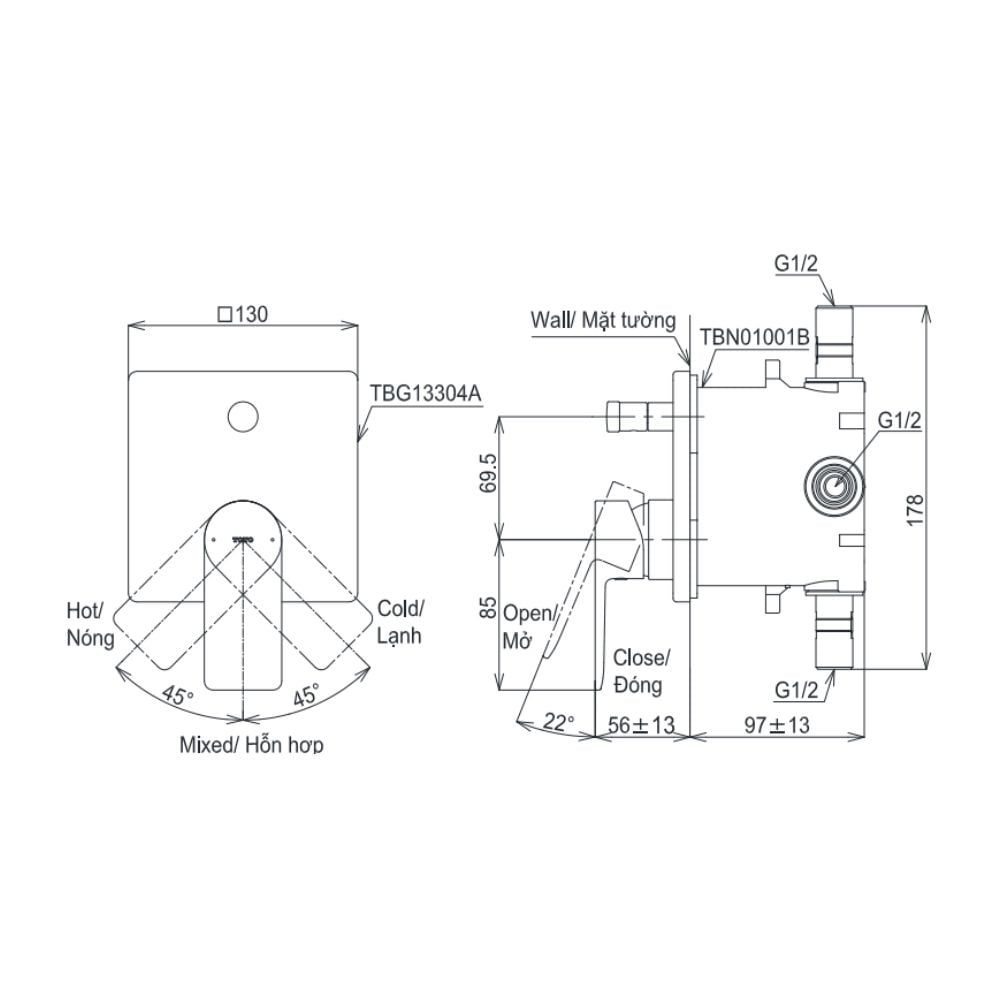  Van gật gù điều chỉnh nóng lạnh kèm phụ kiện âm tường TOTO TBG13304A/TBN01001B 
