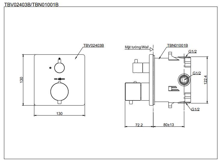  Van điều chỉnh nhiệt độ kèm van chuyển hướng và phụ kiện âm tường TOTO TBV02406B/TBN01001B 